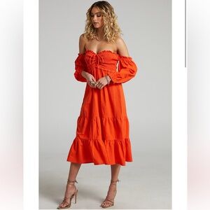 Showpo Nikka Midi Dress | Shirred Off the Shoulder Dress in Oxy Fire | Size 10